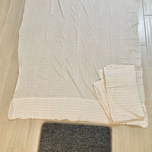 Set of 2 white curtains with gold thread squares and gray rug used
