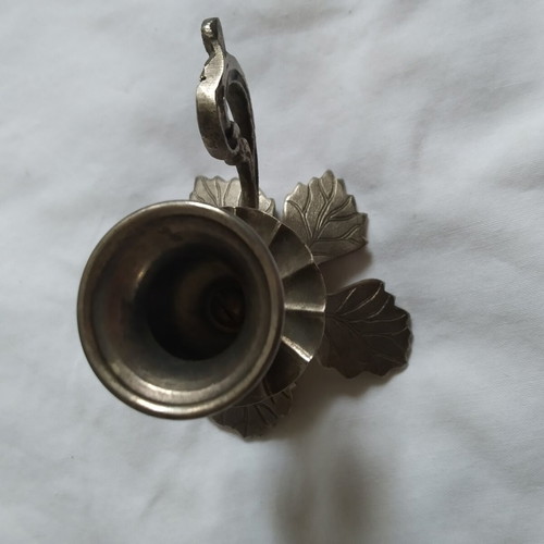 Vintage Metal Chamberstick Candlestick with Handle and Embossed Leaves used