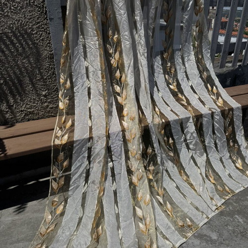 Luxury organza curtain champagne with gold embroidered leaves, like new