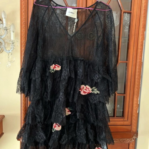 Twinset dress black with pink floral embroidery, S-M
