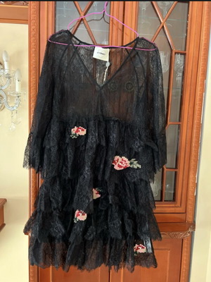Twinset dress black with pink floral embroidery, S-M