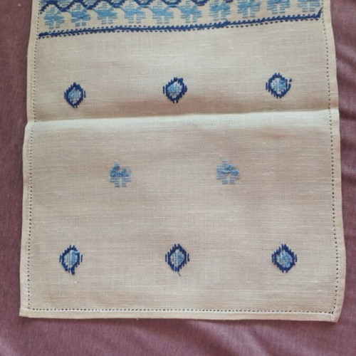 Vintage Handmade Table Linen Set 7 Pieces Linen with Blue Cross Stitch