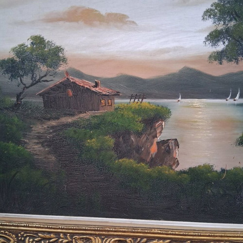 Oil painting "Landscape" with lake, vintage, gold carved frame