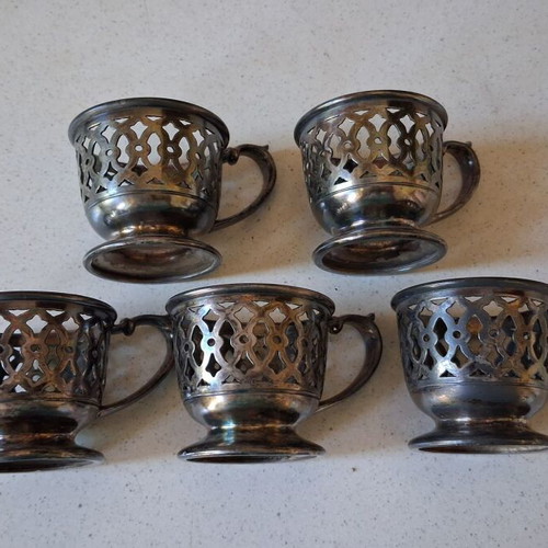 Vintage Silver-Plated Tea Glass Holders Set of 5 Used