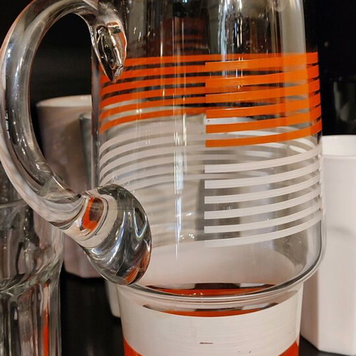Glass vintage pitcher like new, orange-white