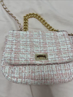 Tweed crossbody bag, white and pink