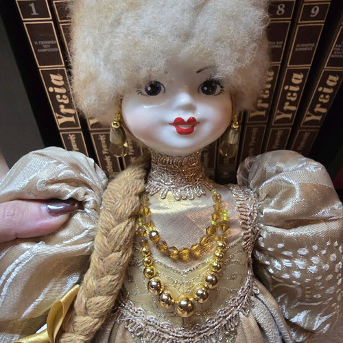 Russian handmade glass doll like new, golden with glass feet