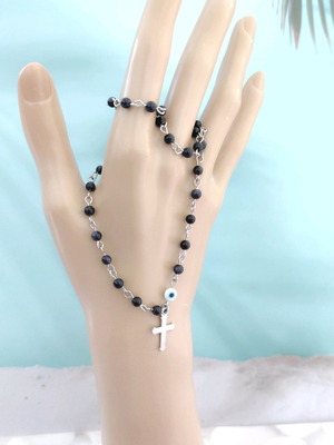 Steel rosary choker with dark blue gold stone and hanging cross
