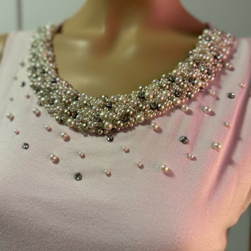 Pink top with pearls and crystals neckline, like new, M/L