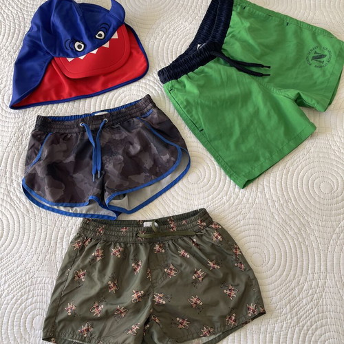Next Boys' Swimwear Set like new, size 5-6, includes hat and 3 shorts