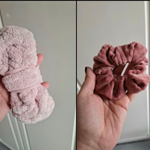 Self Care Hair Set Pink like new with fluffy headband and velvet scrunchie