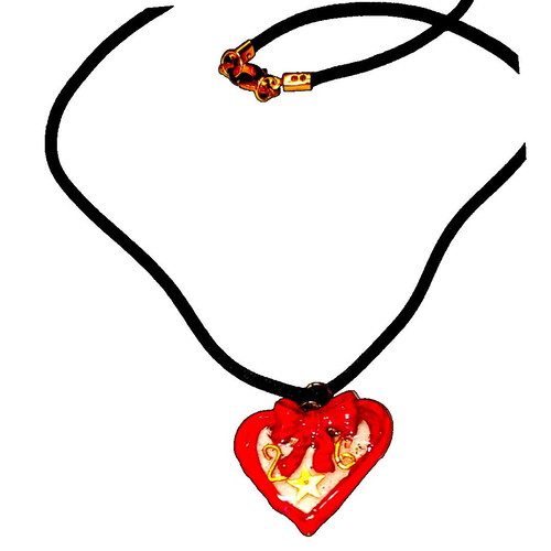 Handmade 2026 lucky charm necklace with heart of polymer clay and resin on black cord