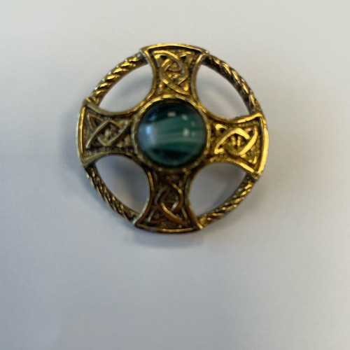 Byzantine style cross brooch with gray round stone like new