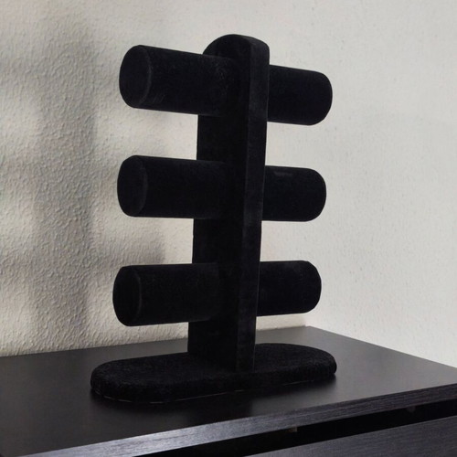 Black velvet jewelry display stand for bracelets and watches, 3 tiers