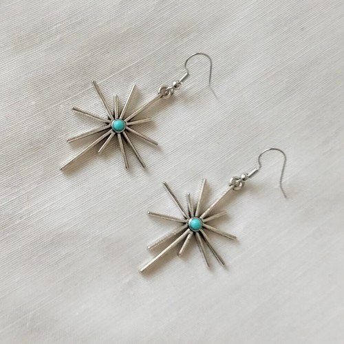 Boho hanging sun and star earrings new, silver with turquoise stone