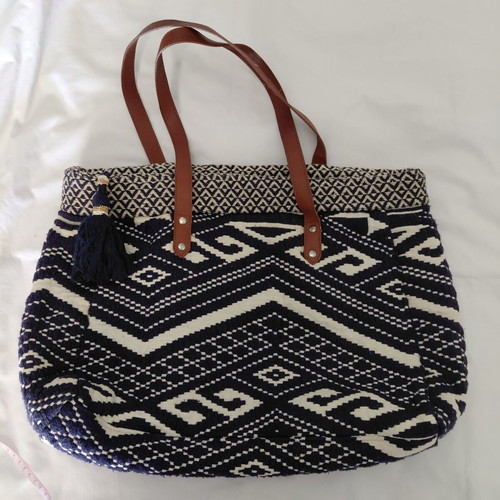 Springfield tote bag with ethnic design, shoulder style, white and blue