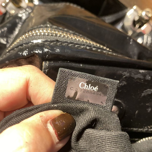 Τσάντα χειρός Chloé Héloise από δέρμα λουστρίνι μεταχειρισμένη, μαύρη και ασημί