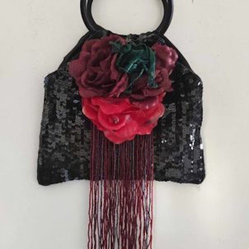 Skondras women's bag used, satin with sequins and flowers