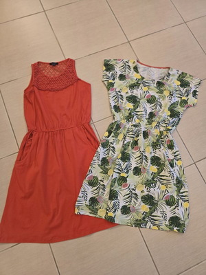 Skater dresses set of 2 like new, red and tropical print