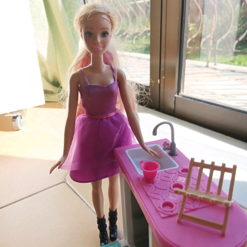 Barbie kitchen and doll with rotating head used