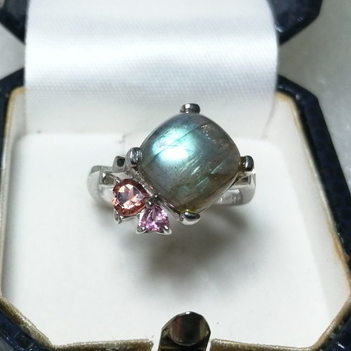 Silver ring 925 with labradorite and tourmaline hearts, new, size 54