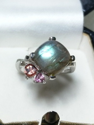 Silver ring 925 with labradorite and tourmaline hearts, new, size 54