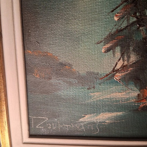 Authentic painting by Giorgos Zoumboulis oil on canvas, used, sailing ship at night
