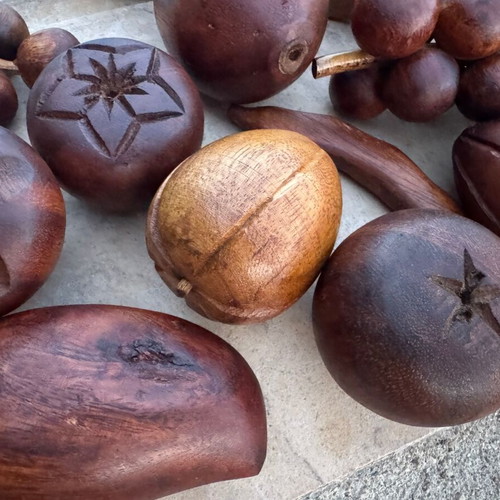 Vintage handmade wooden decorative set with wooden fruits