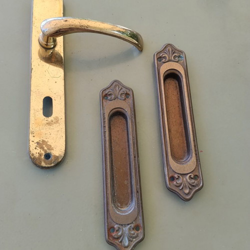 Vintage brass door handles and recessed pull set, 3 pcs