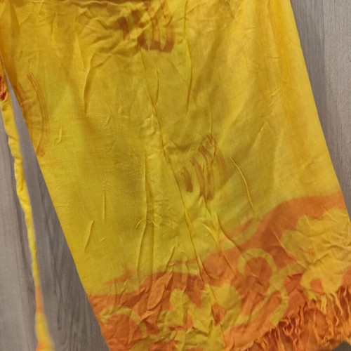 Vintage viscose pareo wrap skirt used, yellow orange tribal print