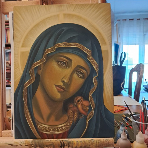 Panagia Western Style Hand-Painted Icon on Wood 30x40 cm New