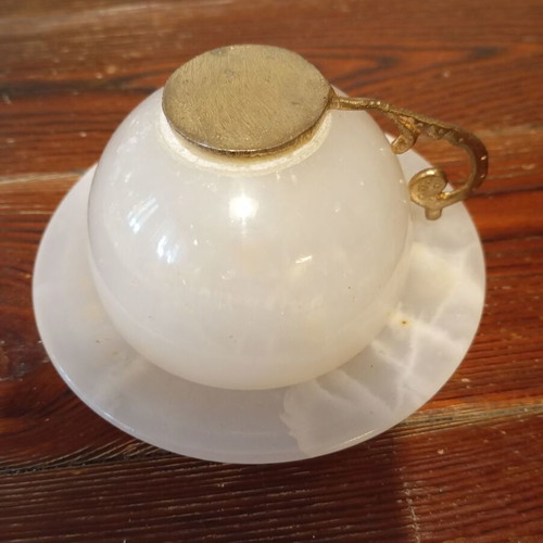 Vintage tea and coffee set used, alabaster and brass