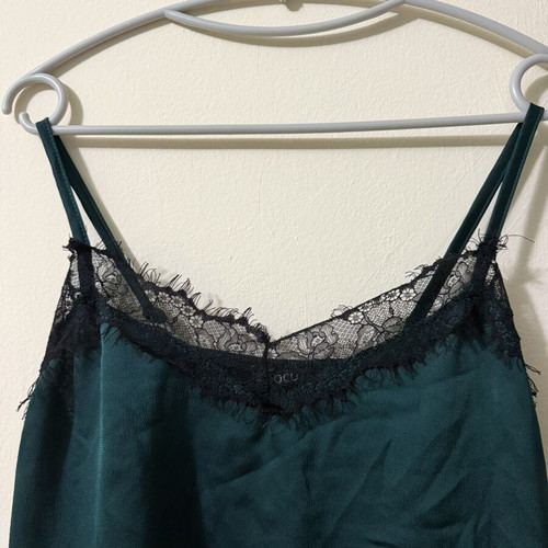 Satin lingerie top emerald green with black lace