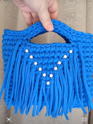 Handmade blue handbag with crochet handle and beads