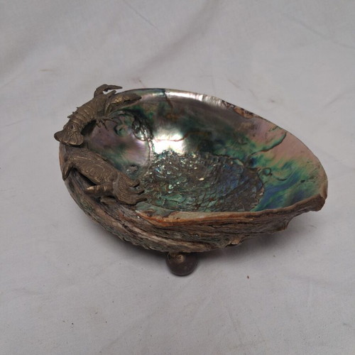 Abalone Shell Bowl with Brass Lobster and Crab, Like New