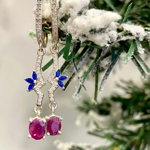Handmade silver earrings with natural ruby, sapphire and moissanite