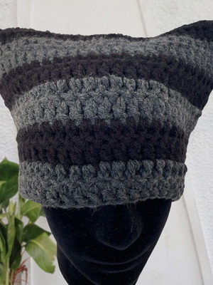 Charcoal Cat Beanie new, handmade striped cat ear knit hat