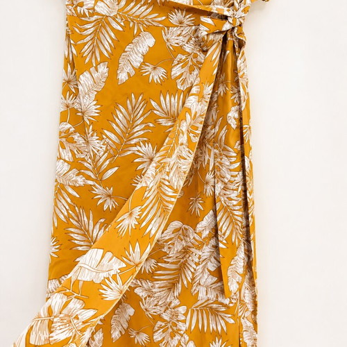 Noobass summer wrap midi skirt, bright mustard with white pattern