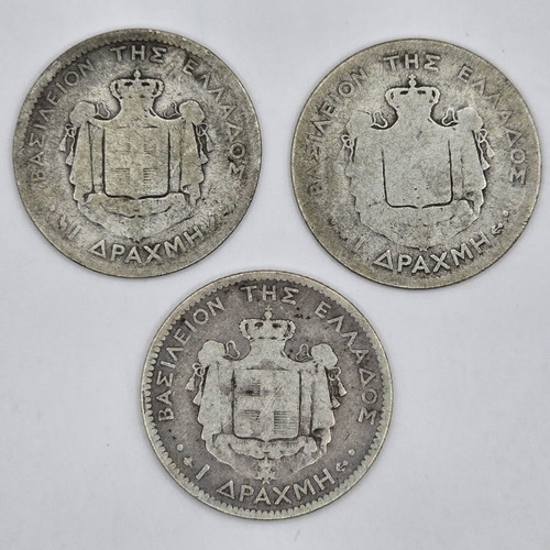 Silver coins used, 3 pieces 1 Drachma King George I 1868-1883