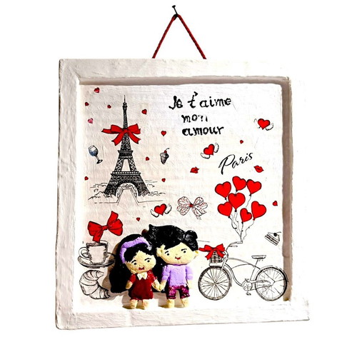 Handmade Saint Valentine frame with loving couple in Paris, new