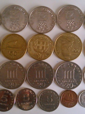 Coins used with drachmas and German 2 mark coin