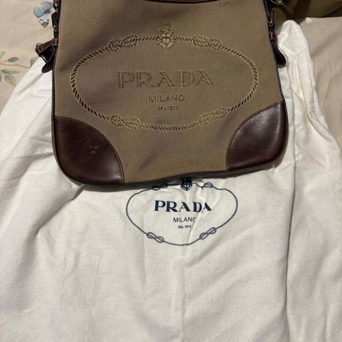 Prada Milano jacquard canvas crossbody bag like new, beige silver