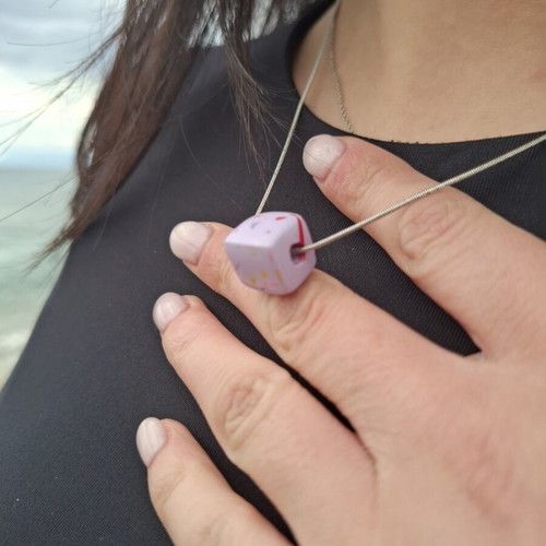 Necklace with metal chain and lilac terrazzo resin cube, like new