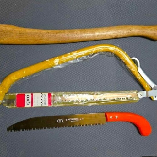 Axe and saw set new with wooden handle and Salvador bow saw