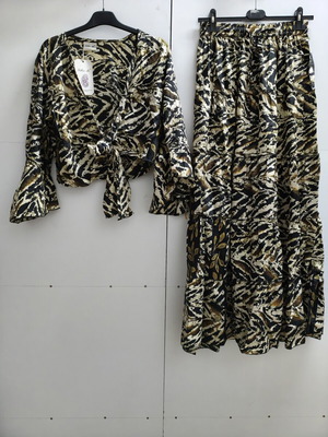 Animal Print Tie-Front Blouse and Tiered Maxi Skirt Co-Ord Set new, black