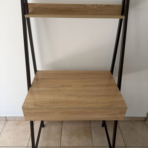 Desk with wooden surface, metal frame and drawer