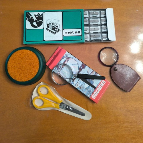 Office supplies new, pack of 20 pencil sharpeners, 2 magnifiers, scissors, finger moisteners