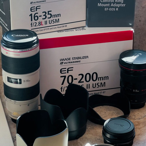 Canon 70-200mm f2.8 Mark II and 16-35mm f2.8 Mark II lenses with RF-EF adapter like new