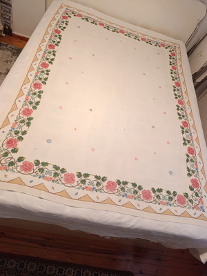 Vintage embroidered tablecloth on fine etamine fabric like new