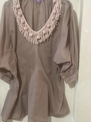 Lovely beachwear top with fringe neckline, beige, sizes M-L
